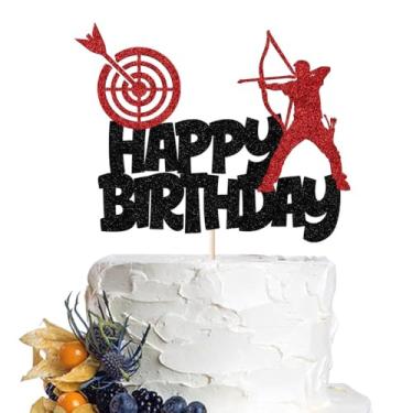 Imagem de Dcokska Topo de bolo de tiro com arco, decorações de bolo de feliz aniversário com glitter, flecha de arco, caça, artigos de festa de aniversário