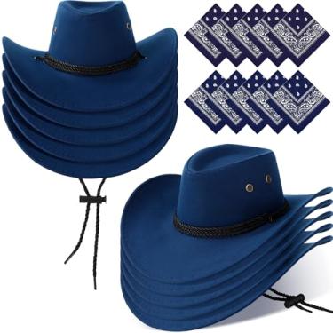 Imagem de Coume Conjunto de 10 chapéus de cowboy e bandana para mulheres e homens, 10 chapéus de caubói de feltro, 10 bandanas ocidentais para festa à fantasia de adultos (azul escuro, estilo vintage)