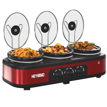 Imagem de HEYNEMO Panela De Cozimento Lento Triplo, 3 X 1,5 Qt, Panela De Cozimento Dupla Portátil Pequena, Servidores E Aquecedores De Bufê, Laváveis Na Máquina De Lavar Louça, Panela De Cerâmica Removível,
