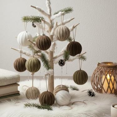 Imagem de Amyhill 12 peças de enfeites de Natal de crochê 6 cm, enfeites de bola de malha de Natal neutro, decoração pendurada, feita à mão, decoração de crochê para árvore de Natal, decoração rústica de casa