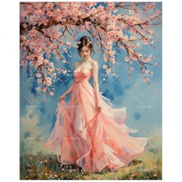Imagem de Elegante kit feminino de pintura por números para adultos – DIY Woman Under Cherry Blossoms in Pink Dress Painting on Canvas 40 x 50 cm, conjunto de tinta acrílica, adequado para iniciantes, decoração