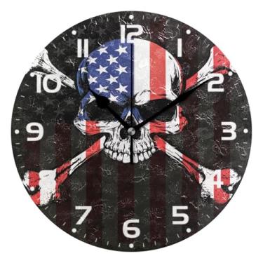 Imagem de JUZIHAI Relógio de parede com bandeira de caveira americana, silencioso, redondo, sem tique-taque, operado por bateria, fácil de ler, relógio decorativo de parede para casa, cozinha, sala de estar