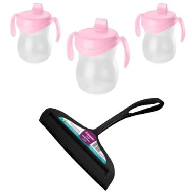 Imagem de Conjunto de 1 Rodo Plástico Multiuso Preto com Raspador 18cm + 3 Copo Infantil 310ML Atóxico Rosa
