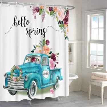 Imagem de Renaiss Cortina de chuveiro azul com flores de caminhão de 182 x 182 cm, Hello Spring, aguarela, folhas florais rústicas, para decoração de banheiro, conjunto à prova d'água com ganchos
