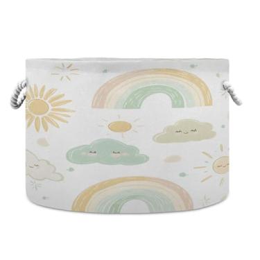 Imagem de JUZIHAI Cesta de armazenamento dobrável com estampa de arco-íris cesto de roupa suja para bebês com alças de corda de algodão, caixa organizadora de armário dobrável para quarto, berçário, casa, 50 x