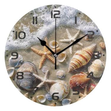 Imagem de JUZIHAI Relógio de parede com estrela-do-mar conchas à beira-mar silencioso, sem tique-taque, redondo, operado por bateria, fácil de ler, relógio decorativo de parede para casa, cozinha, sala de estar