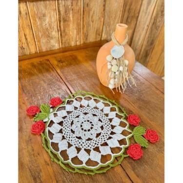 Imagem de Sousplat Bandeja Flores 50x33cm Crochê Artesanal (Vermelho)