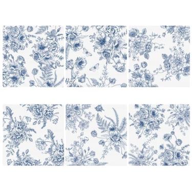 Imagem de Frienda Guardanapo de coquetel floral azul 12 peças de pano de linho azul e branco reutilizável guardanapos de tecido macio lavável toalha de jantar quadrada para chá de panela suprimentos de festa de