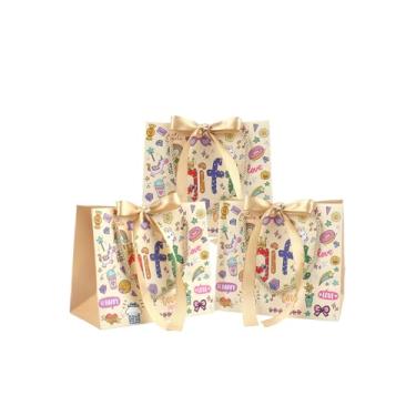 Imagem de DONQE Sacos de presente de papel com alças e fita de laço, 3 peças 19 × 6,30 × 9,4 cm, lindos sacos de guloseimas de grafite a granel, sacolas reutilizáveis de lembrancinha de festa para aniversário