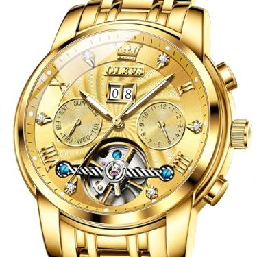 Imagem de OLEVS Relógios masculinos analógicos automáticos mecânicos masculinos luxuosos à prova d'água diamante relógio masculino casual de aço inoxidável turbilhão mostrador grande dia data relógio clássico