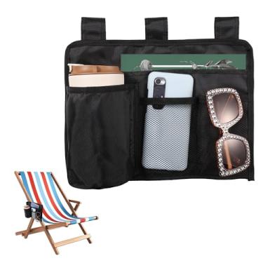 Imagem de Acessório para cadeira de praia, cadeira de praia de nylon preto, suporte de bebida, 4 bolsos, suporte de copo com alça ajustável, suporte de telefone para espreguiçadeira de pátio, cadeira dobrável