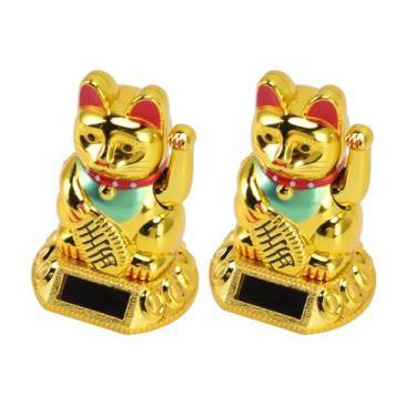 Imagem de Dpofirs Estátua de Braço Vibrante de Gato da Sorte Solar para Decoração de Carro de Escritório Doméstico, Painel Solar Embutido, 2 Peças para Peitoril de Janela de Mesa, Colegas de Escritório (Ouro)