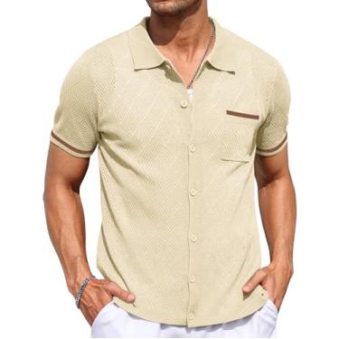 Imagem de COOFANDY Camisa polo masculina de malha com botões e manga curta vintage camisa casual verão praia, Pat6_ Creme, 3G