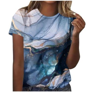 Imagem de Blusa feminina manga curta mármore colorido gráfico solto blusa longa para mulheres gola canoa verão outono camisas 2024, I-35 multicolorido, M