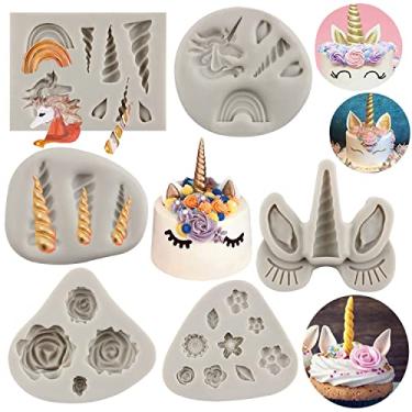 Imagem de Sijiangmold Molde de silicone para fondant com tema de unicórnio molde de chocolate doce unicórnio orelhas chifre arco-íris molde de fondant para decoração de bolos topo de cupcake doce chocolate