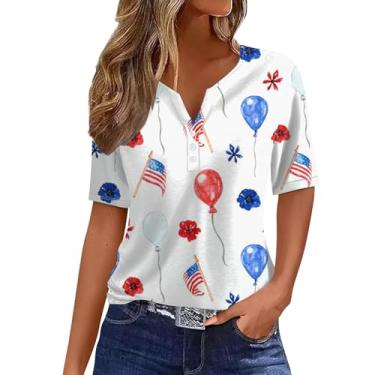 Imagem de Camisetas femininas 4th of July Tops Button V Flag American Flag Shirt Star Striped Patriotic Blusas soltas verão, Branco, G