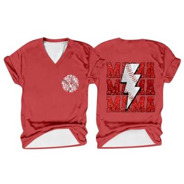 Imagem de Camiseta feminina de beisebol com estampa Mama 2024 verão casual manga curta gola V blusa leve, Vermelho, P