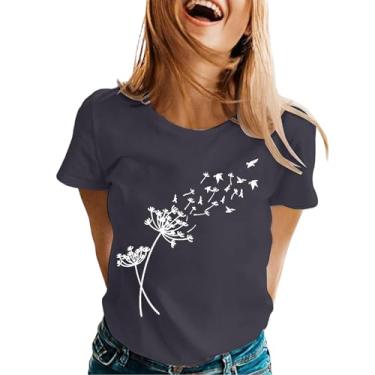 Imagem de Lindas camisetas estampadas de dente-de-leão para mulheres, verão, casual, soltas, roupas de presente para meninas, adolescentes, gola redonda, túnica de manga curta, Cinza, XXG