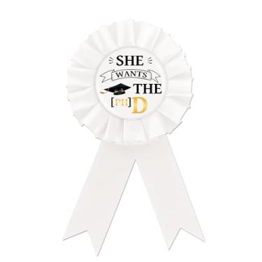 Imagem de Congrats PHD Broche de crachá de folha de flandres, pino de botão de graduação, broche de roseta branca finalmente feito para mulheres, broches para celebração de festa de graduação 2024, folha de