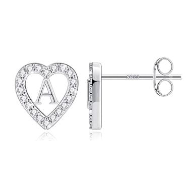 Imagem de Brincos de coração com inicial para meninas, banhado a ouro real 14K 925 prata esterlina haste zircônia cúbica brincos de coração hipoalergênicos para meninas meninas crianças, Metal, Zircônia cúbica