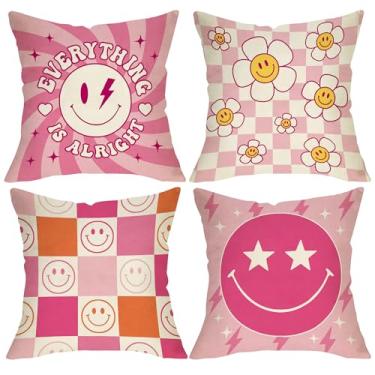 Imagem de Fjfz Capas de almofada decorativas inspiradoras de rosto sorridente Groovy 45 x 45 conjunto de 4, rosa hippie sorriso flor varanda decoração de casa ao ar livre, citação motivacional Everything is