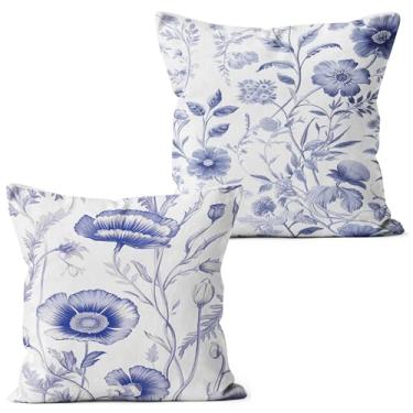 Imagem de QGFM Capas de almofada florais Blue Chinoiserie 45,7 x 45,7 cm, decoração Grand Millenial, capas de almofada decorativas florais azuis e brancas vintage para sofá-cama, casa, sala de estar, quarto