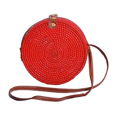Imagem de SHAREYOIU Candy Colors Bolsas de ombro redondas de vime feitas à mão, estilo praia tropical natural chique com alça de couro, Nº 1: vermelho, Big，7.87x 3.2 inch