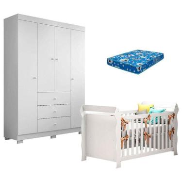 Imagem de Berço Americano Lara E Guarda Roupa Duda 4 Portas Branco Brilho Com Colchão Ortobom – Phoenix Baby