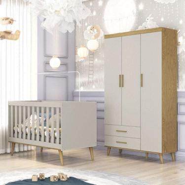 Imagem de Berço Americano E Guarda Roupa Infantil Ambiente Ludmila Off White Bétula - Carolina Baby