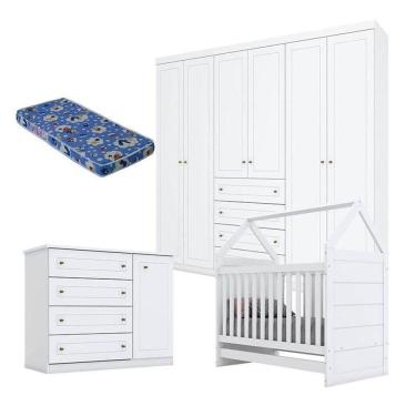 Imagem de Quarto De Bebê Mississipi 6 Portas Com Berço Montessoriano Branco E Colchão Ortobom - Henn