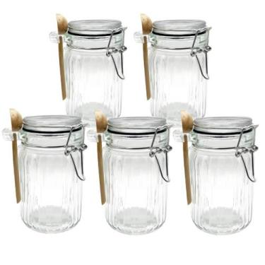 Imagem de Kit 5 Pote Hermético De Vidro Com Trava e Colher de Bambu Redondo 280m