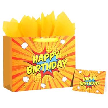 Imagem de ASYEHJNR Saco de presente de aniversário de super-herói de 33 cm, grande, com cartão de felicitações e papel de seda para crianças, meninos, tema de aniversário
