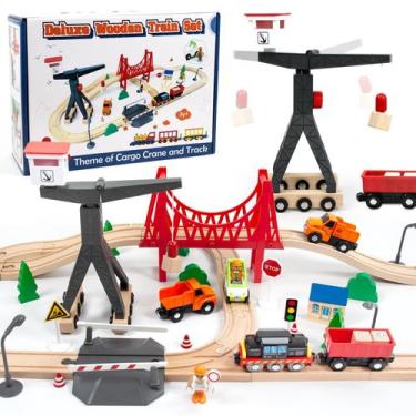 Imagem de Conjunto Toy Train WOOD CITY de 56 peças de madeira para menino de 2 a