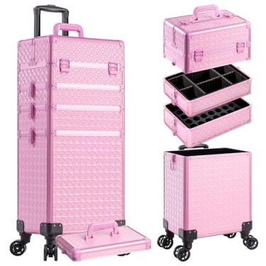 Imagem de AROUS Estojo de maquiagem 5 em 1 para cosmetologia com rodinhas grande organizador de cosméticos carrinho de viagem para cabeleireiro, artista, salão de beleza, barbeiro, todo rosa