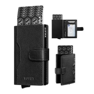Imagem de VULKIT Carteira fina dobrável dobrável minimalista de couro com bloqueio de RFID, capa para cartão de metal com janela para identidade para mulheres, Top preto genuíno, Minimalista