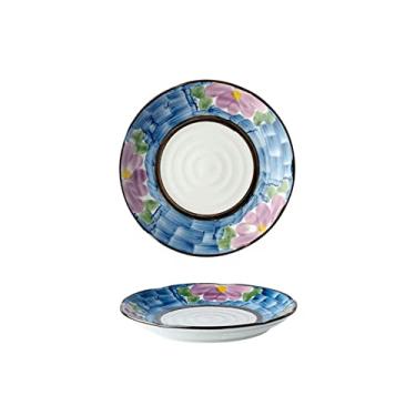 Imagem de Prato de serviço Prato de jantar de cerâmica vintage chinês 20 cm pratos de jantar redondos de porcelana prato de bife doméstico pratos seguros para micro-ondas e lava-louças (cor: D)