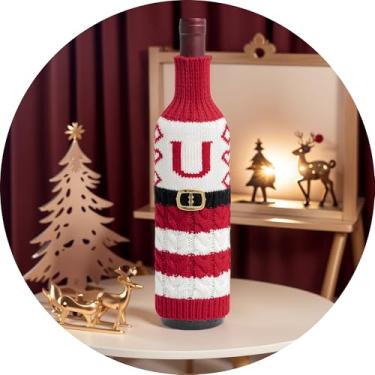 Imagem de Suéter de Natal para garrafa de vinho com letra A – Z, garrafas de manga de malha, decoração de mesa, reutilizável, roupa de garrafa estilo Papai Noel