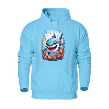 Imagem de Blusa de Moletom Com Capuz Bolso Canguru Flanelada Quente Inverno Estampa Tubarão