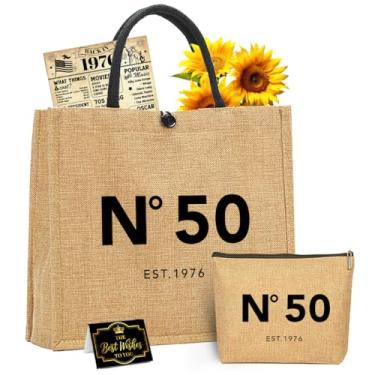 Imagem de Presentes de aniversário de 50 anos para ela, conjunto de presentes de aniversário de 1976 para mulheres, presente exclusivo feliz 50º para mamãe, vintage, bolsa de palha 1976, bolsa cosmética