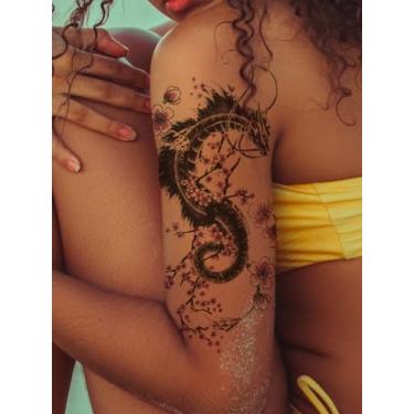Imagem de Dragão de tinta macia multicolorida com padrão de flor de cerejeira lembrancinhas de festa, braçadeira, braço de flor, lombar, perna, ombro, pescoço, temporário, impermeável, tatuagem, adesivo, 1