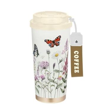 Imagem de SEHANY Caneca de viagem borboleta e flores de 482 ml Copos de café reutilizáveis revestidos de cerâmica com tampa à prova de vazamento, parede dupla, isolamento a vácuo, copo de café de aço inoxidável