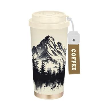 Imagem de SEHANY Caneca de viagem com paisagem de montanha em aquarela de 482 g, copos de café reutilizáveis revestidos de cerâmica com tampa à prova de vazamento, parede dupla, isolamento a vácuo, copo de café