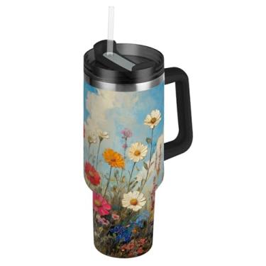 Imagem de Blueangle Copo de pintura a óleo de flores silvestres de 850 g com alça e tampa de palha, caneca de viagem de aço inoxidável com isolamento a vácuo de parede dupla, garrafa de água reutilizável para