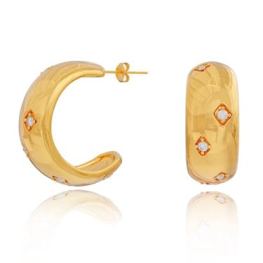 Imagem de Brincos femininos em forma de C em ouro 18 quilates – Aço inoxidável hipoalergênico zircônia cúbica vintage declaração meia argola joias presentes para todos os dias, festa de aniversário e