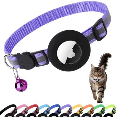 Imagem de PWOD Coleira Airtag para gatos com sino, coleira reflexiva de nylon para gatinhos com suporte para Apple Air Tag e fivela de segurança para filhotes, meninas, meninos, 9,5 cm de largura e leve, roxa