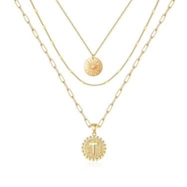 Imagem de Colar feminino banhado a ouro 14 quilates com pingente em camadas multicamadas com inicial ajustável, letra A-Z, moeda, disco, corrente de papel de papel, presente de Natal, aniversário, presente para