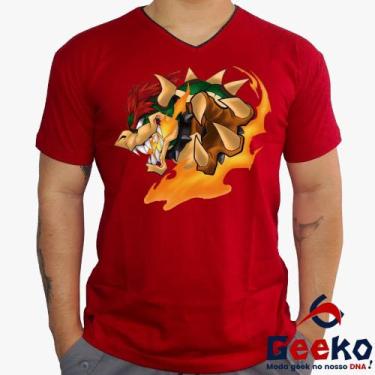 Imagem de Camiseta Bowser 100% Algodão Super Mario Bros Geeko, Vermelho gola v, 