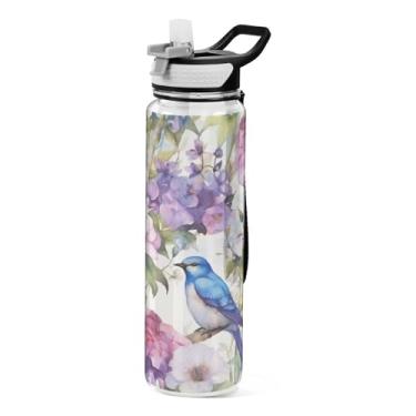 Imagem de Burbuja Garrafa de água floral Birds de 940 ml com tampa de palha, à prova de vazamento e livre de BPA para academia, esportes ao ar livre