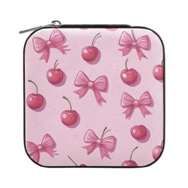 Imagem de Burbuja Caixa de joias Bows Cherry Mini estojo de joias de viagem para mulheres e meninas, estojo organizador de joias para brincos, anéis, colares e pulseiras