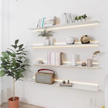 Imagem de Prateleiras de parede flutuantes, adoção de material de ferro, ampla superfície de carregamento, luzes de efeito LED adequadas para casa, shopping centers, escritórios (branco, 120 x 20 x 6 cm)